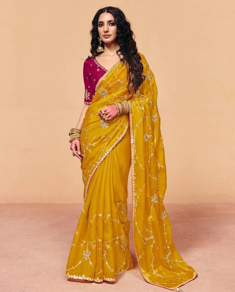  organza satin saree with sequin heavy embroidery work