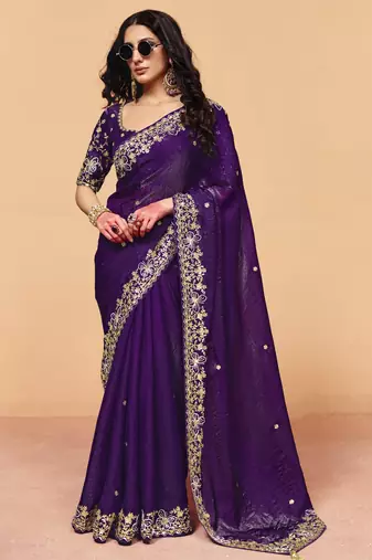 Stylish organza crush saree with sequin heavy embroidery