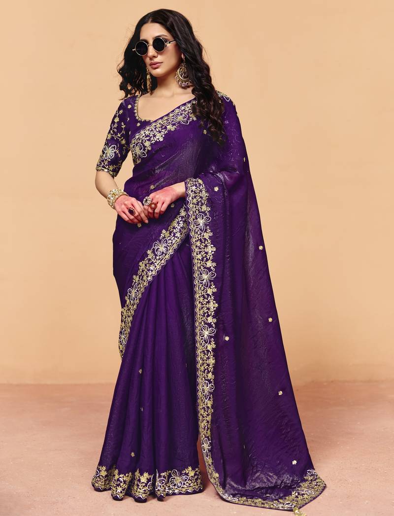 Stylish organza crush saree with sequin heavy embroidery