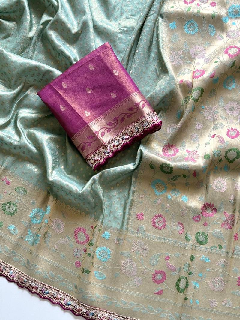 Light Sea Green Color Embroidery Coding Siquence Work Paithani Silk saree