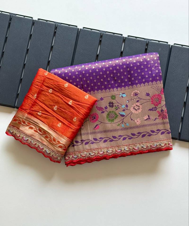 Purple Color Embroidery Coding Siquence Work Paithani Silk saree