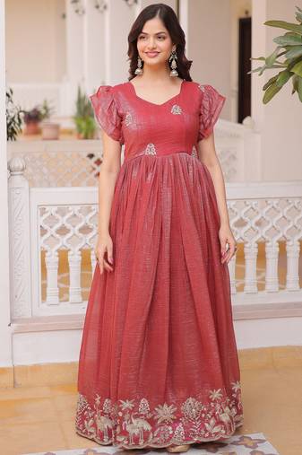 Amazing Red Embroidered Organza Function Wear Gown