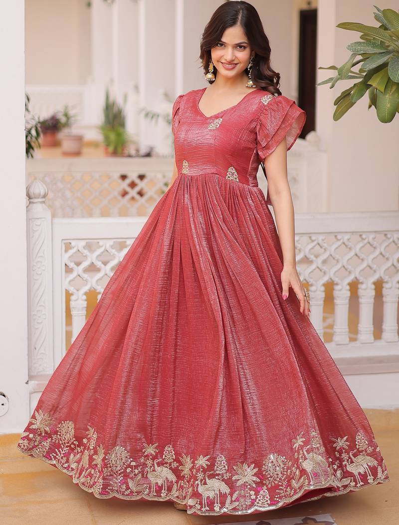 Amazing Red Embroidered Organza Function Wear Gown