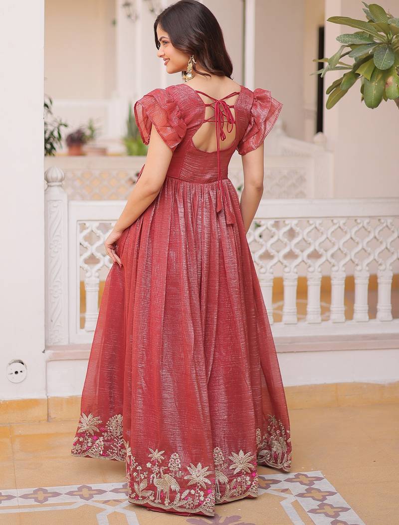 Amazing Red Embroidered Organza Function Wear Gown