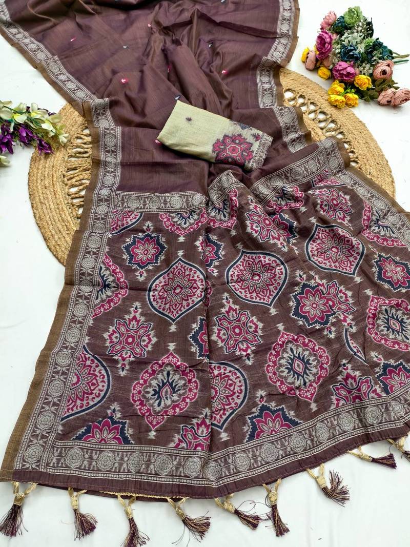 Brown Color  Meenakari  & Zari weawing small border Muga Cotton Saree