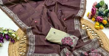 Brown Color  Meenakari  & Zari weawing small border Muga Cotton Saree 3