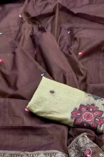 Brown Color  Meenakari  & Zari weawing small border Muga Cotton Saree