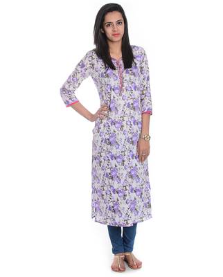  White & Purple Floral Printed Cotton Straight Kurta 1
