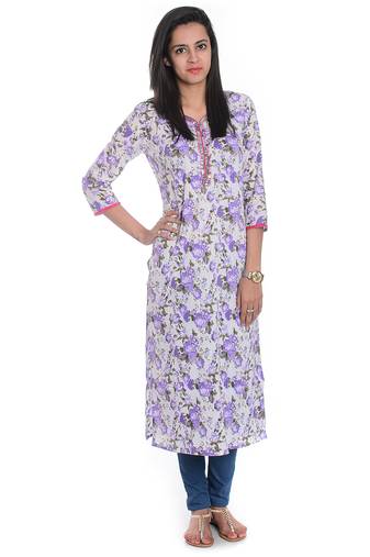  White & Purple Floral Printed Cotton Straight Kurta