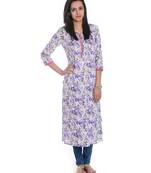  White & Purple Floral Printed Cotton Straight Kurta