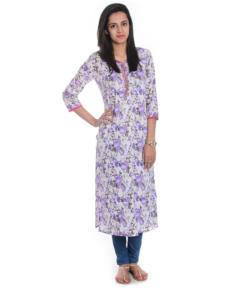  White & Purple Floral Printed Cotton Straight Kurta