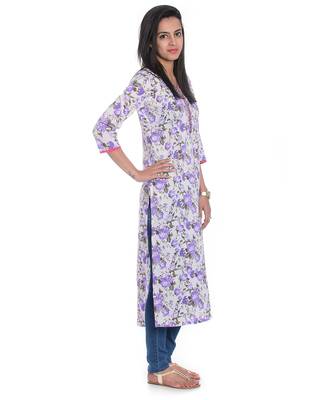 White & Purple Floral Printed Cotton Straight Kurta 2