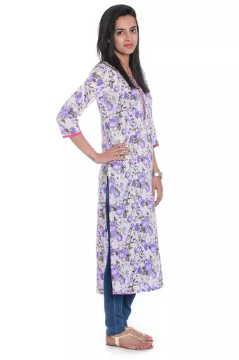  White & Purple Floral Printed Cotton Straight Kurta