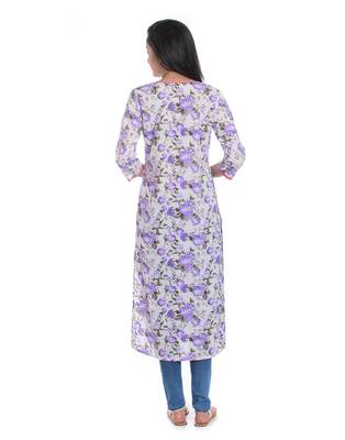  White & Purple Floral Printed Cotton Straight Kurta 3
