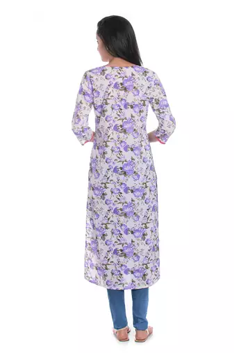 White & Purple Floral Printed Cotton Straight Kurta