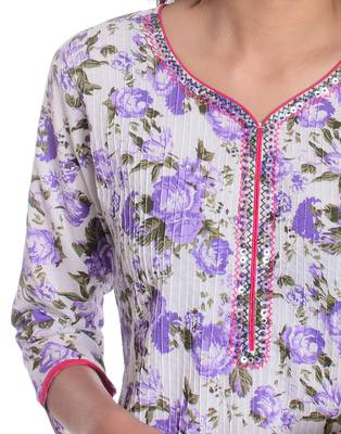  White & Purple Floral Printed Cotton Straight Kurta 4