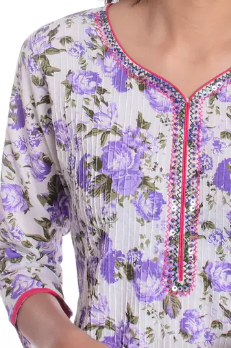  White & Purple Floral Printed Cotton Straight Kurta