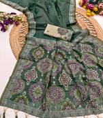 Green  Color  Meenakari  & Zari weawing small border Muga Cotton Saree