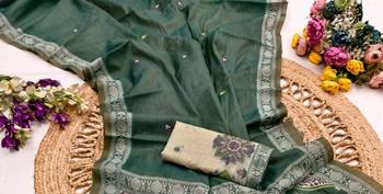 Green  Color  Meenakari  & Zari weawing small border Muga Cotton Saree 3