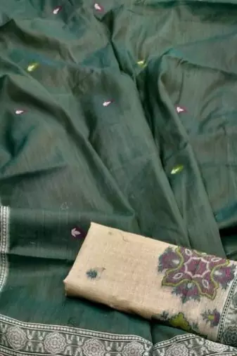 Green  Color  Meenakari  & Zari weawing small border Muga Cotton Saree
