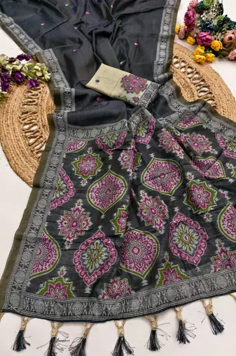 Black  Color  Meenakari  & Zari weawing small border Muga Cotton Saree