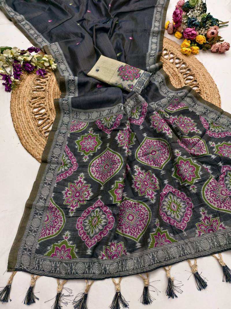 Black  Color  Meenakari  & Zari weawing small border Muga Cotton Saree