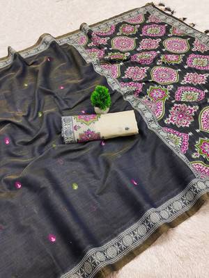 Black  Color  Meenakari  & Zari weawing small border Muga Cotton Saree 2