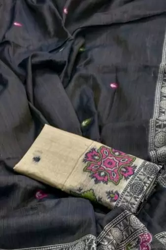 Black  Color  Meenakari  & Zari weawing small border Muga Cotton Saree