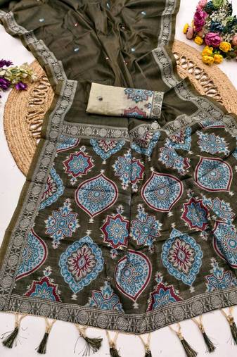 Mehandi  Color  Meenakari  & Zari weawing small border Muga Cotton Saree