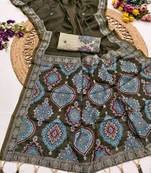 Mehandi  Color  Meenakari  & Zari weawing small border Muga Cotton Saree