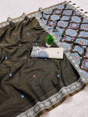 Mehandi  Color  Meenakari  & Zari weawing small border Muga Cotton Saree 2