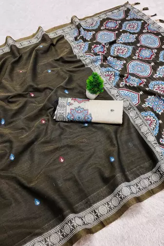 Mehandi  Color  Meenakari  & Zari weawing small border Muga Cotton Saree