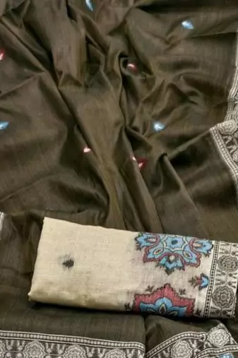 Mehandi  Color  Meenakari  & Zari weawing small border Muga Cotton Saree