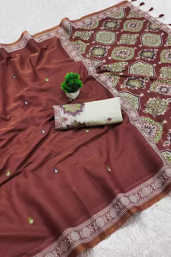 Maroon  Color  Meenakari  & Zari weawing small border Muga Cotton Saree