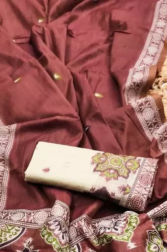 Maroon  Color  Meenakari  & Zari weawing small border Muga Cotton Saree