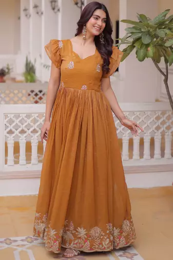 Precious Yellow Sequins Organza Haldi Wear Gown