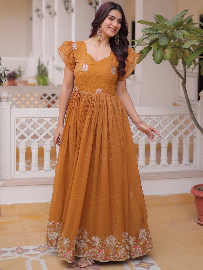 Precious Yellow Sequins Organza Haldi Wear Gown