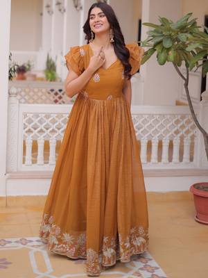 Precious Yellow Sequins Organza Haldi Wear Gown 2