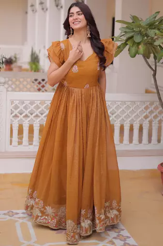 Precious Yellow Sequins Organza Haldi Wear Gown