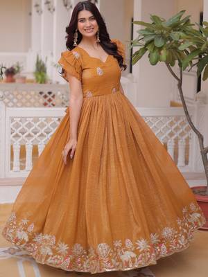 Precious Yellow Sequins Organza Haldi Wear Gown 3