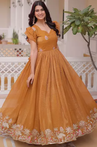 Precious Yellow Sequins Organza Haldi Wear Gown