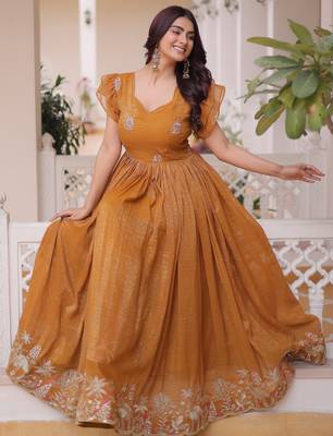 Precious Yellow Sequins Organza Haldi Wear Gown 5