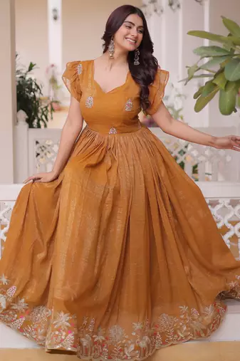 Precious Yellow Sequins Organza Haldi Wear Gown