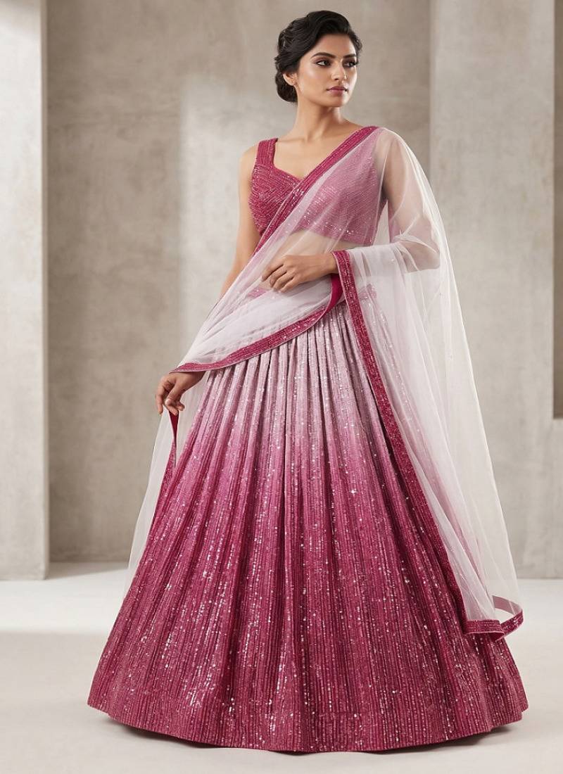 Pink Gorgeous Satin Silk Sequines Lehenga Set