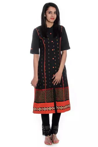 Black Hand Embroidered Roll Up Sleeves Pure Cotton Kurta