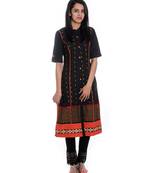 Black Hand Embroidered Roll Up Sleeves Pure Cotton Kurta