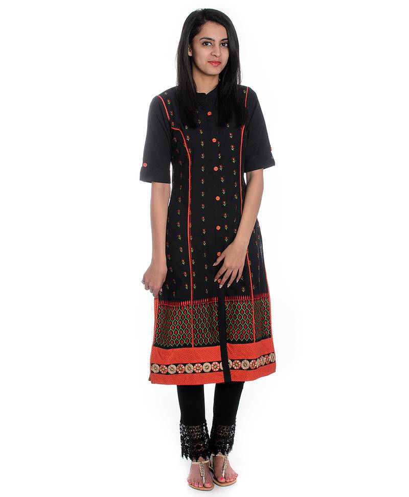Black Hand Embroidered Roll Up Sleeves Pure Cotton Kurta