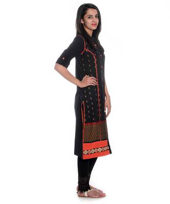 Black Hand Embroidered Roll Up Sleeves Pure Cotton Kurta 2