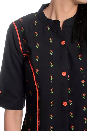 Black Hand Embroidered Roll Up Sleeves Pure Cotton Kurta