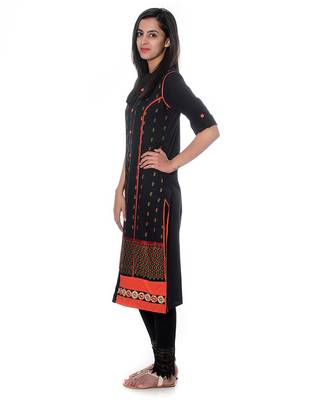 Black Hand Embroidered Roll Up Sleeves Pure Cotton Kurta 4